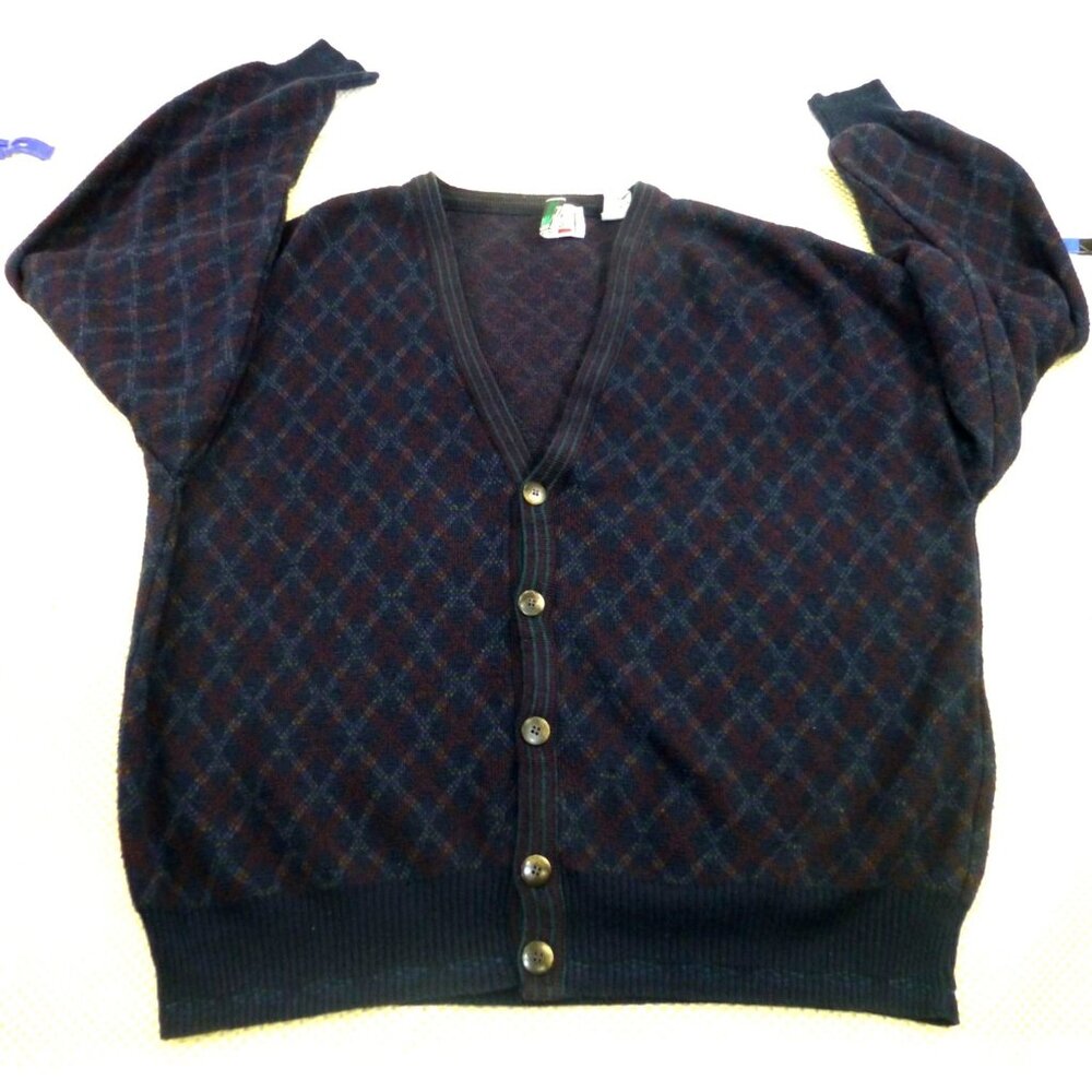 Vtg 90s Florence Tricot‎ Cardigan Sweater Argyle L Patterned Wool Blend Italy